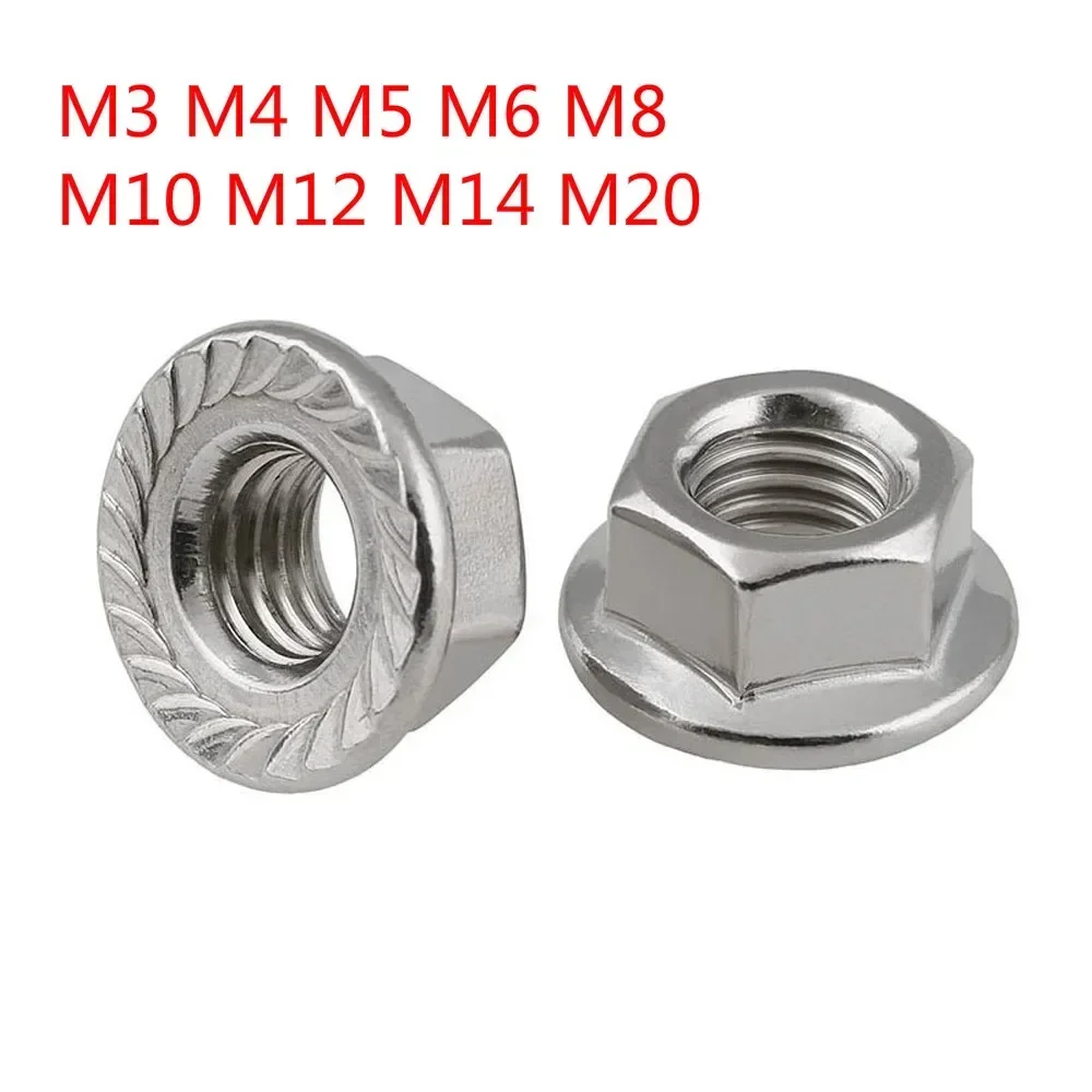20/10/5/1pcs ล็อคหน้าแปลน NUT M3 M4 M5 M6 M8 M10 M12 M14 M20 A2 304 สแตนเลสสตีลหกเหลี่ยม HEX NUTS ล็อค Flanged NUT DIN6923