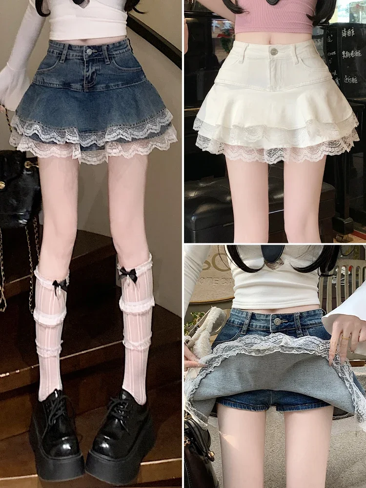 Y2k Retro Lace Trim Denim Cake Skirt Women Hight Waist A Line Mini Skirt Female Korean Fashion Casual Streetwear Pleated Skirt