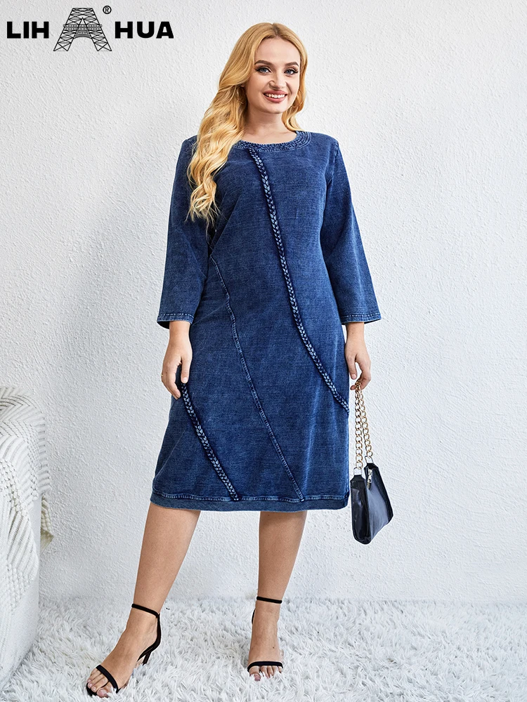 LIH HUA Women\'s Plus Size Denim Dress Autumn Chic Elegant Dresses For Chubby Women Cotton Knitted Round Neck Dress