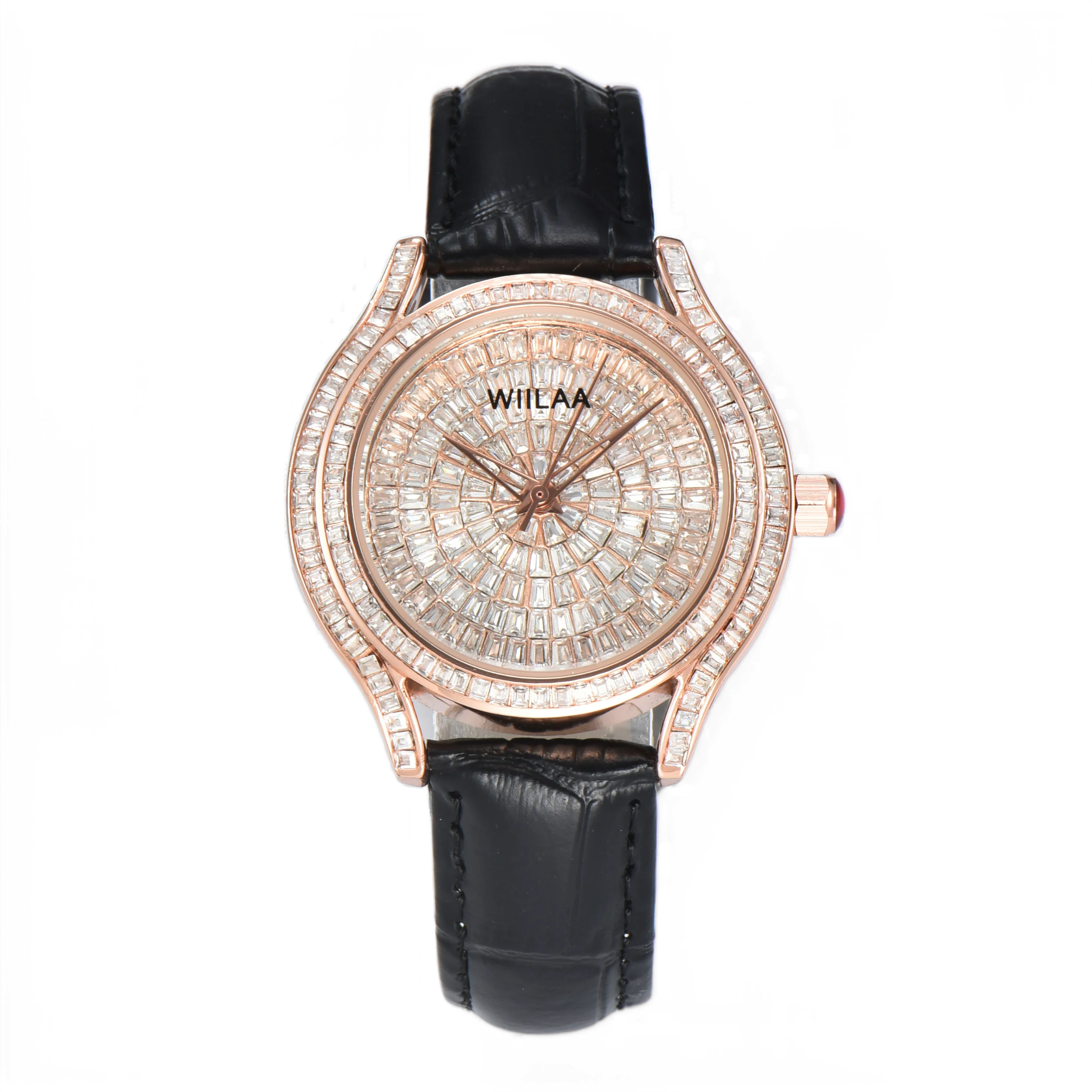WIILAA Luxury Women's Crystal Quartz Watch - Full Baguette Rhinestone Dial Black Leather Strap Ladies Fashion Wristwatch for Par view 6