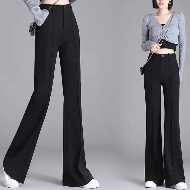 Moda coreana New Elegance Simple Straight Flare Pants donna Solid Button Zipper Pocket Summer Elastic Suit pantaloni a gamba larga