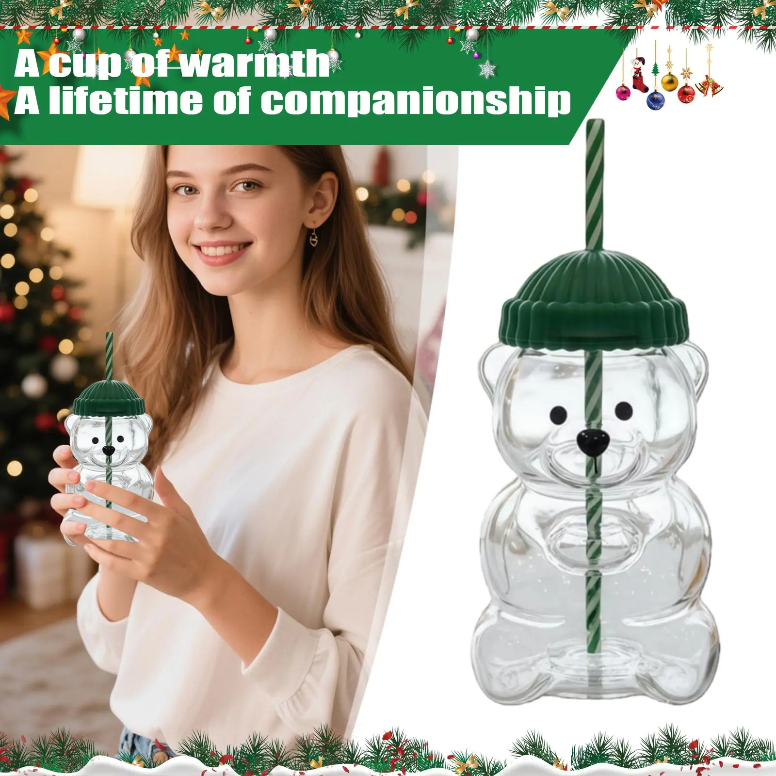 

Hot-selling! Bear-Shaped Glass Straw Cup: Cute Transparent Design, Green Hat Water Cup