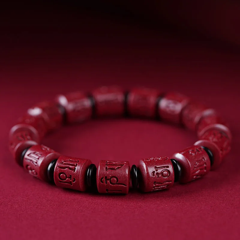 Natural Cinnabar Animal Year Six-character Mantra Bucket Beads Bracelet Zijin Sand Joker Bracelet for Men and Women.