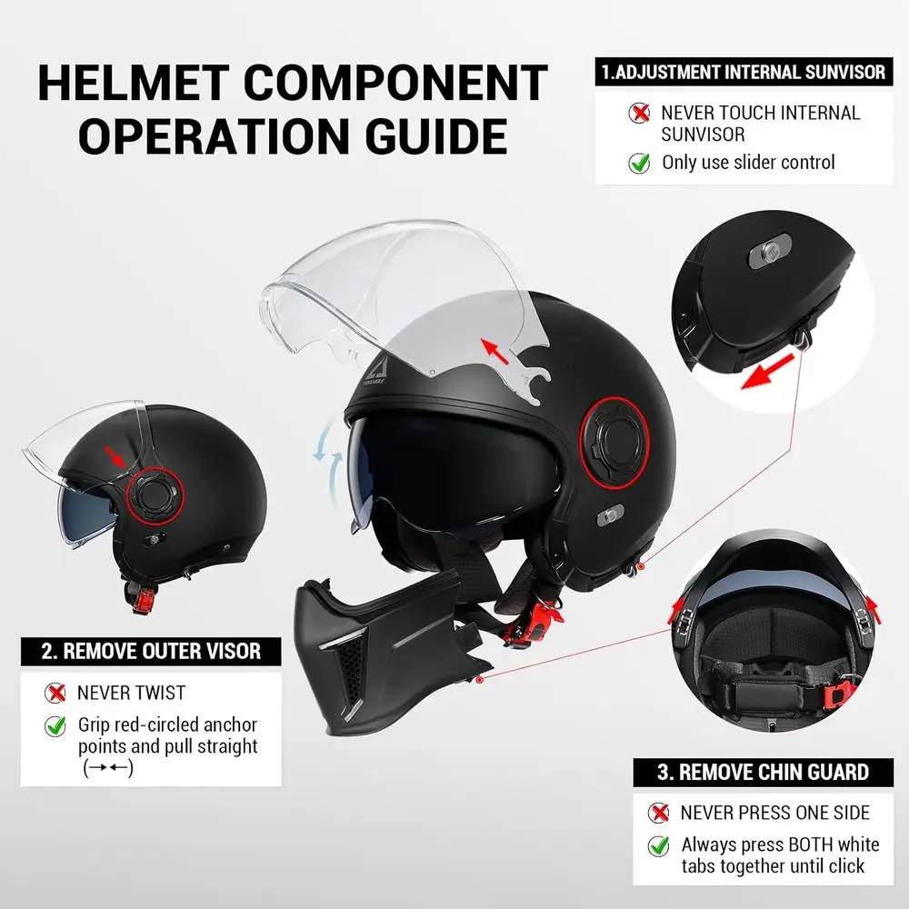 Men's & Women's Dual Visor Off-Road Motocross Helmet with Sunshield, DOT Approved (Black, XXL)