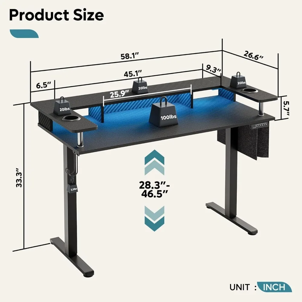 58x26 Inch Computer Desk with Monitor Stand, Headphone Hook & Storage Bag, Adjustable Height, LED Electric Standing Desk