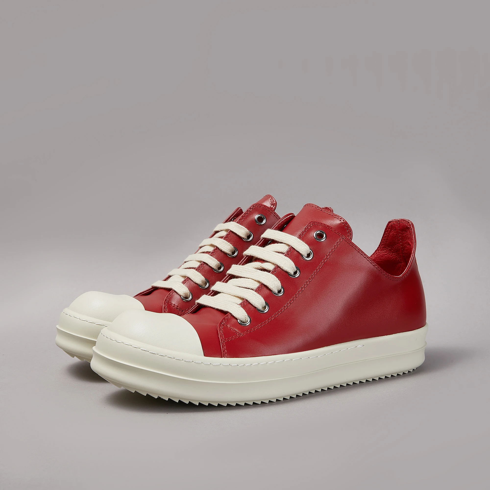 

Men’s Red Leather Sneakers – Low Top Lace-Up Designer Shoes with Thick Sole, Casual Luxury Unisex Style
