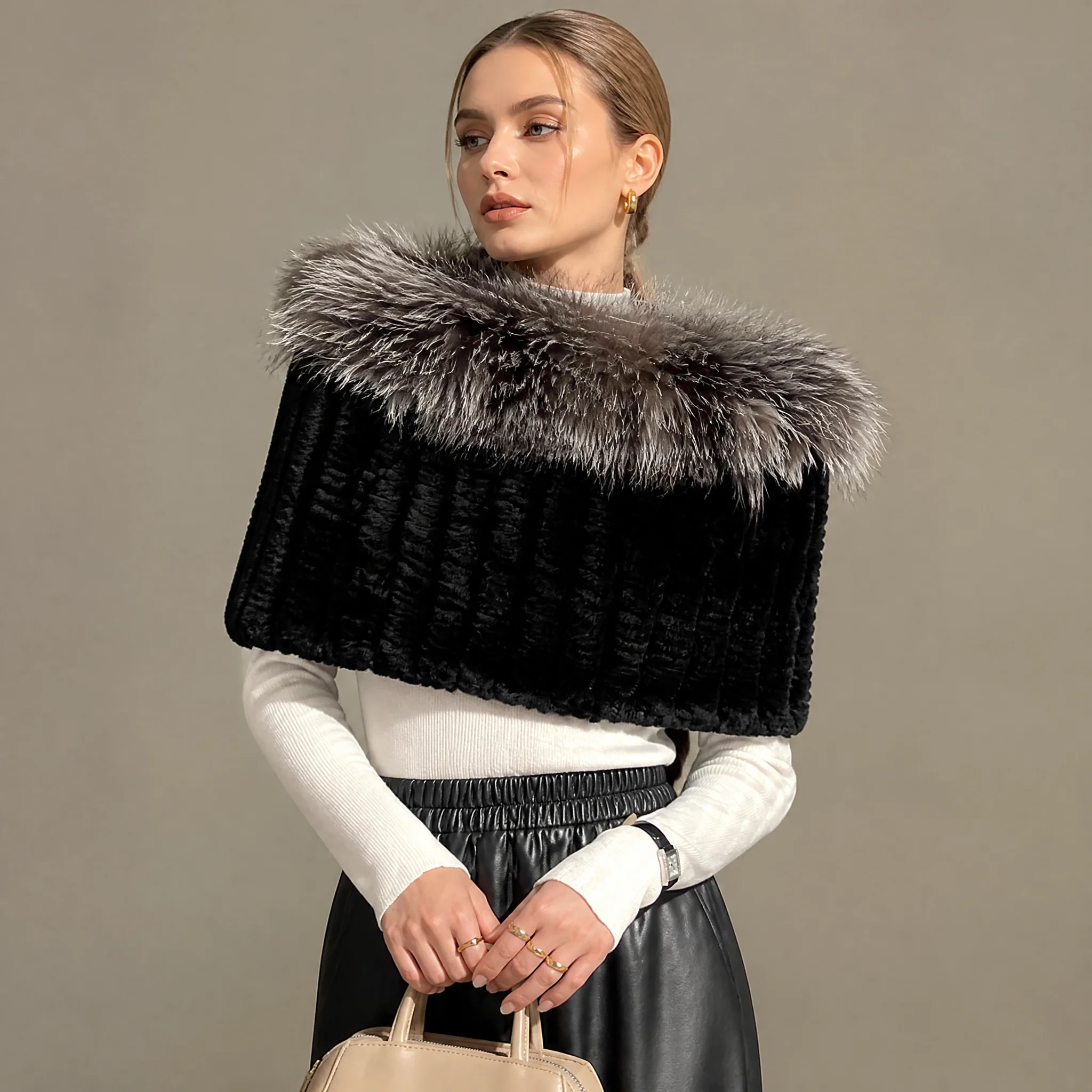 RU Women Faux Fur Collar Ribbed Texture Shoulder Shawl Warm Short Cape Elegant Wrap Accessory For Evening Party Outfits