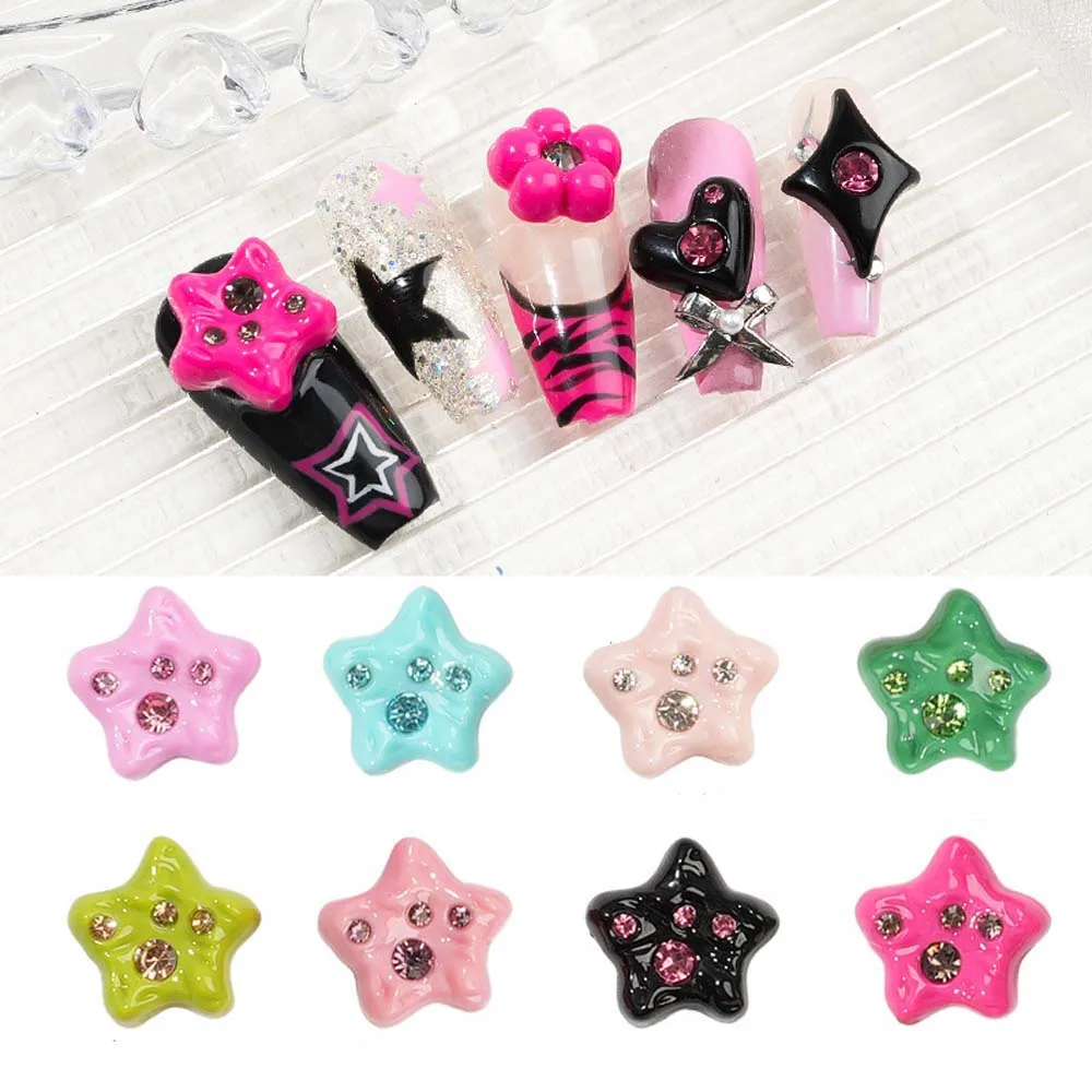 10pcs Y2K Dopamine Girls Nail Art Charm 3D 2023 New Candy Color Star Heart Inlaid Diamond Nail Decor Parts Cartoon Nail Parts