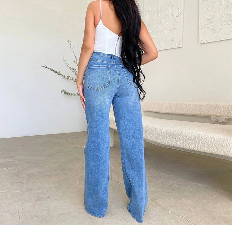 Elegant Women's Jeans Streetwear Summer 2025 New High Waisted Perforated Comfortable Wide Leg Pants Long Trousers for Female