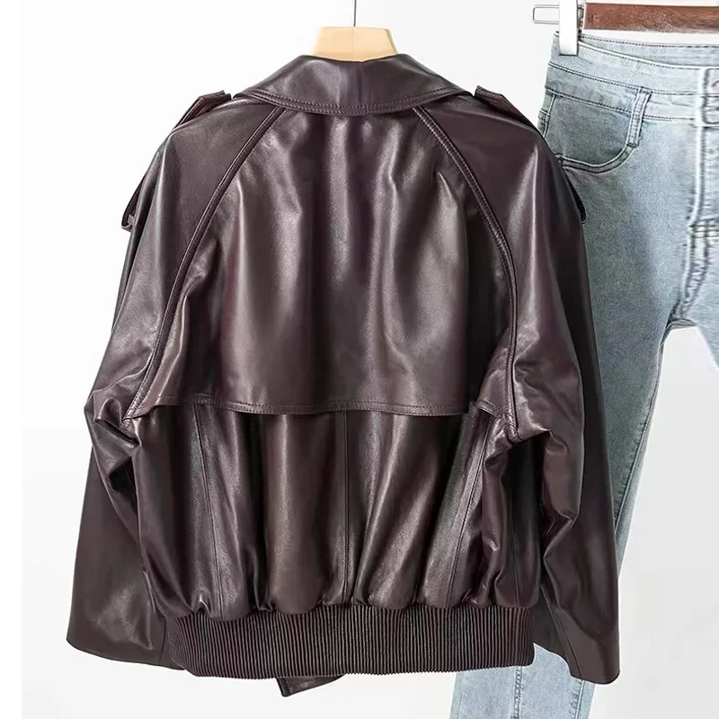 Women's Leather Coat, Sheepskin, Motorcycle Jacket, Lapel, Loose, Casual Coat, Autumn And Winter