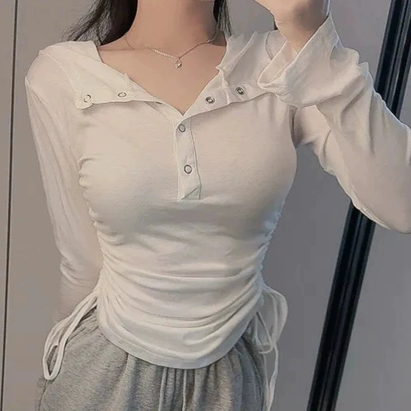 Korejepo Korean New Pleated Waist Slim Long Sleeved T-shirt Women Hooded Thin Design Slightly Transparent Figure Revealing Top