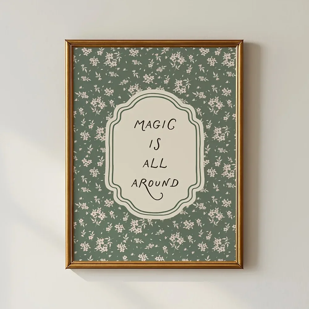 Unframed 2D Flat Canvas Poster with Whimsical Woodland Floral Design & 'Magic Is All Around' Quote, Perfect for Nursery Decor