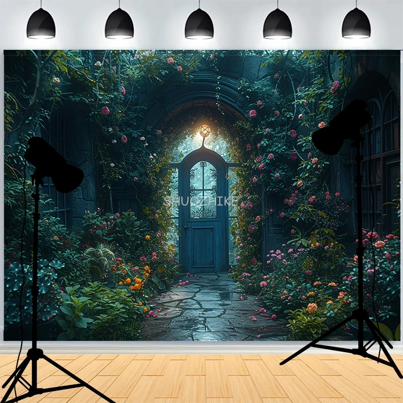 Сказочный Дом Сказочный фон для фотосъемки с окном с бутоном цветами снегопадом зимняя дорожка фотостудия фон