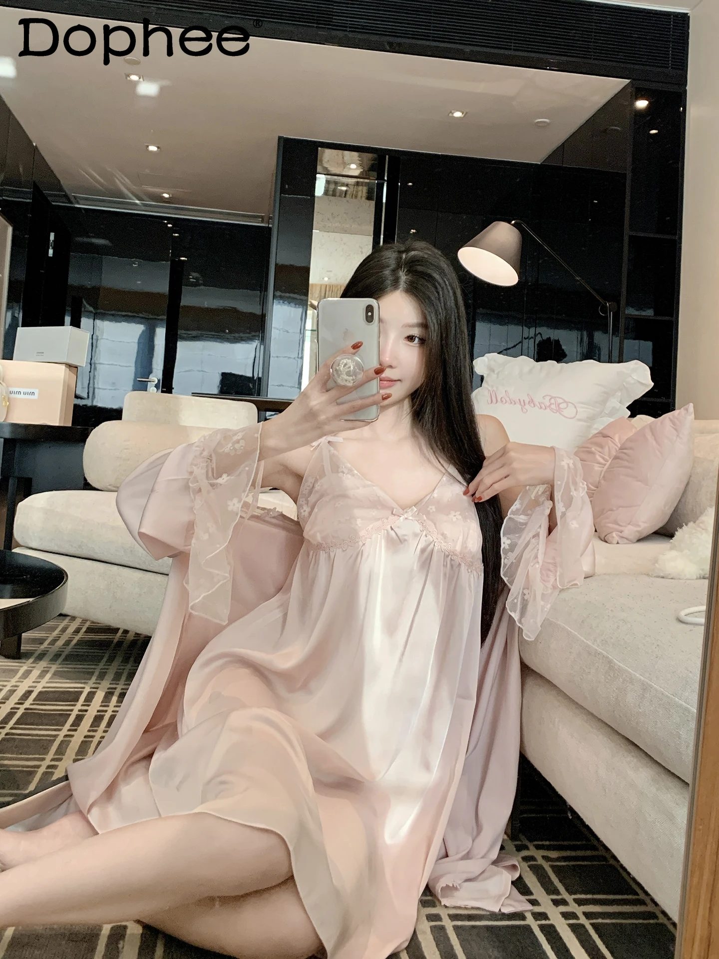 2025 New Sexy Strap Ice Silk Nightdress Sweet Girl Japanese Style Ins Summer Thin with Chest Pad Robe Two-Piece Set Loungewear
