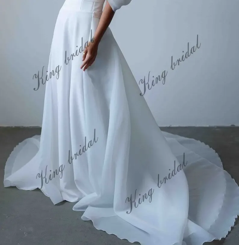 Saia de trem de organza vestido de casamento personalizado minimalista crepe a linha vestidos de casamento fora dos ombros vestido de casamento