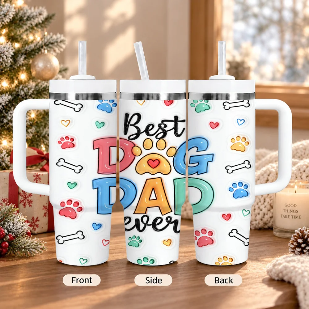 Best Dog Dad Ever 3D Inflated Vacuum Flasks 40oz Insulated Stainless Steel Tumbler with Handle & Straw, Hot Cold Gift Cup