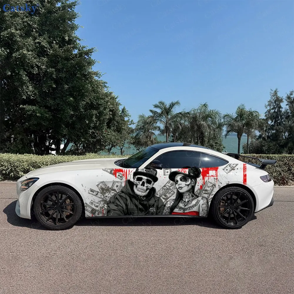 2pcs Hip-Hop Skull Couple Graffiti Car Side Wraps, Self-Adhesive PVC Waterproof & Scratch-Resistant Stickers, Car Accessory Gift