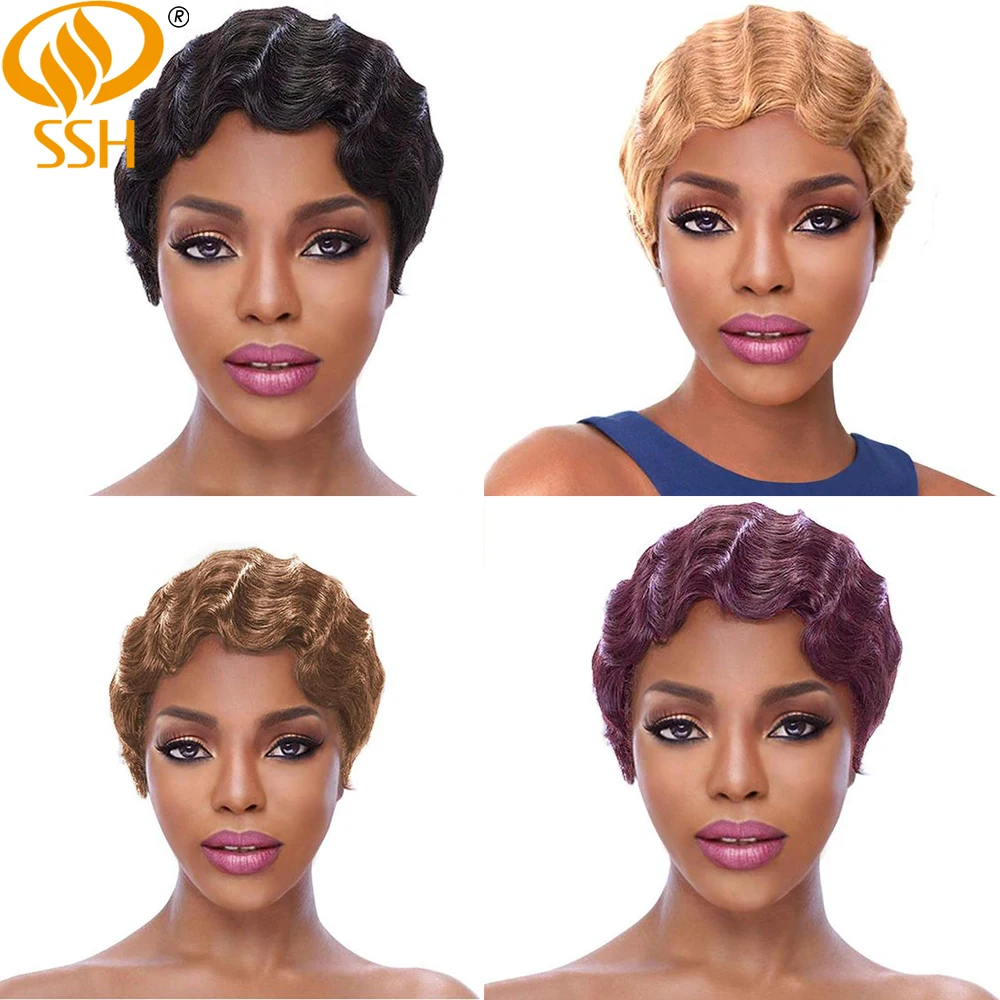 Short Finger Wave Cheap Wigs For Women Remy Real Hair Pixie Cut Wig Short Human Hair Wigs Machine Made Mix Color 1B,2# 27# 99J#