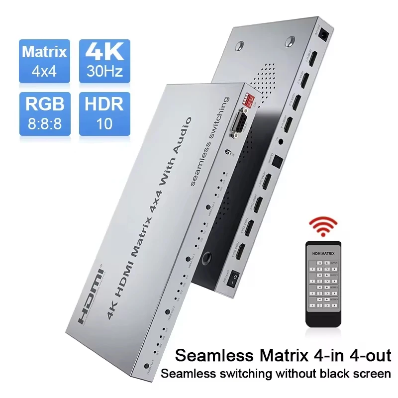 4x4 HDMI-Compatible Matrix with Audio Extractor Seamless Switcher 4 in 4 out HDMI Matrix Selector Switch Splitter for EDID RS232