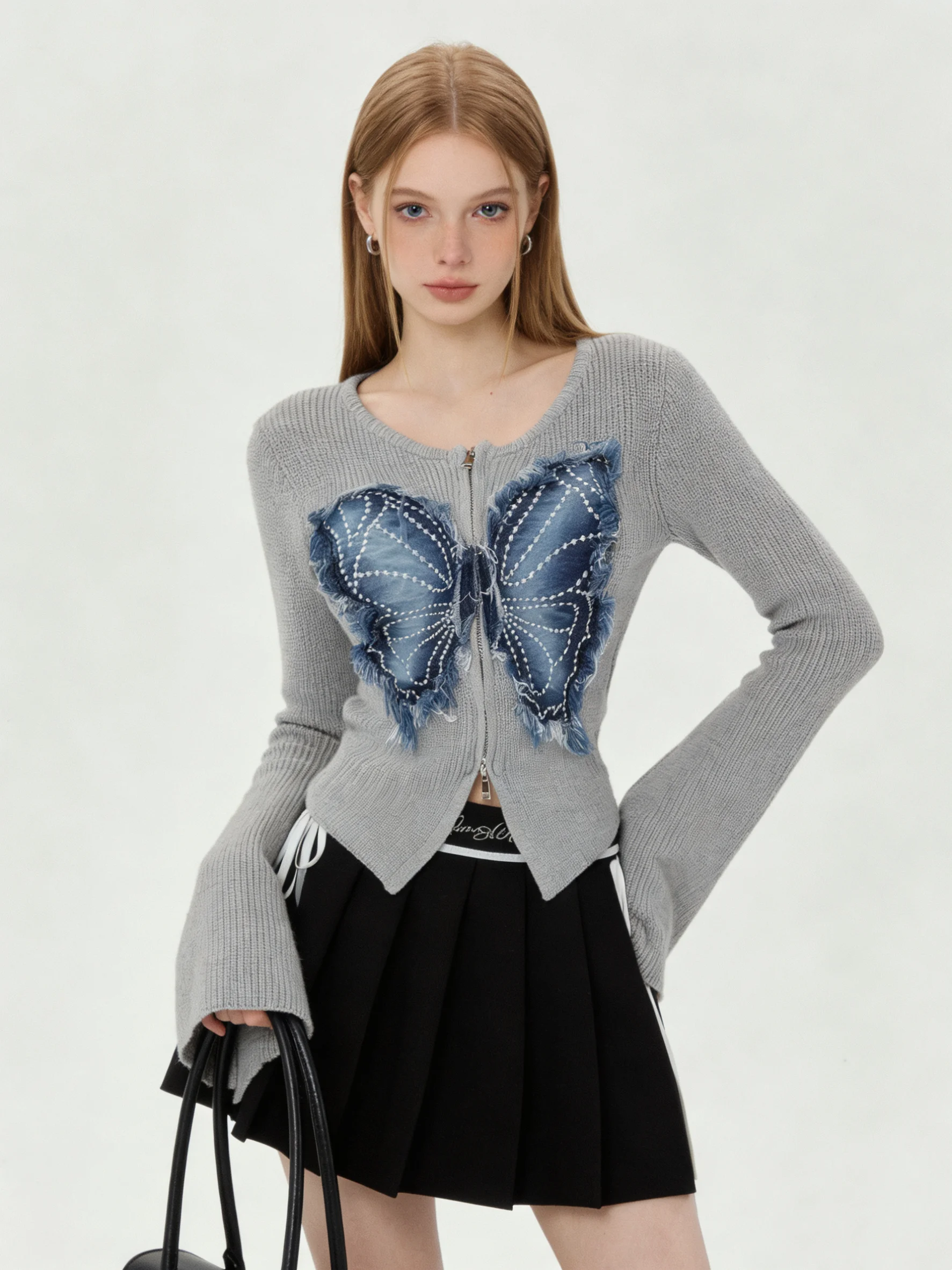 

Women's Grey Vintage American Style Knit Sweater Long Sleeve Cardigan Tops Sweet Butterfly Crop Knit Top For Women Autumn Spring