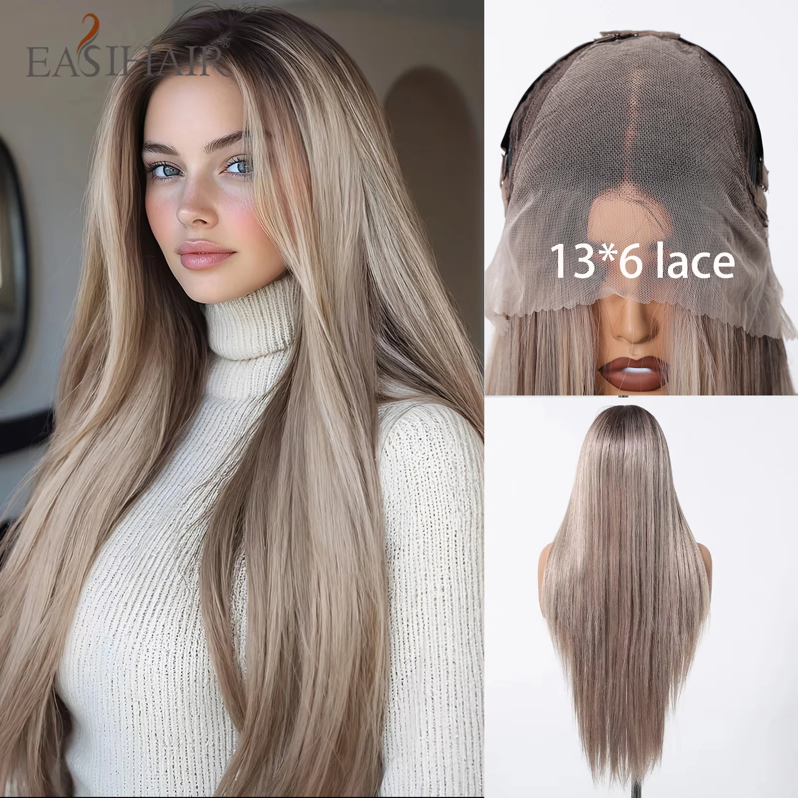 EASIHAIR 13*6 Lace Front Synthetic Wigs for Women 30 Inch Long Straight Blonde Platinum Wigs Natural Hairline Free Part Fiber