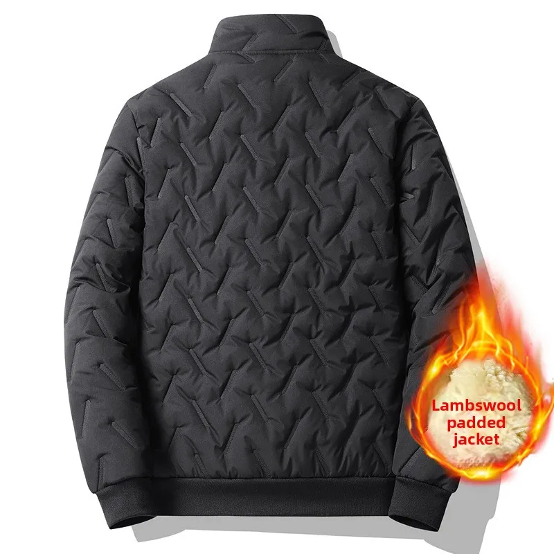 Jaket musim dingin pria baru berbahan wol domba dengan lapisan katun tebal dan beludru hangat untuk luar ruangan, jaket katun kerah tegak untuk salju