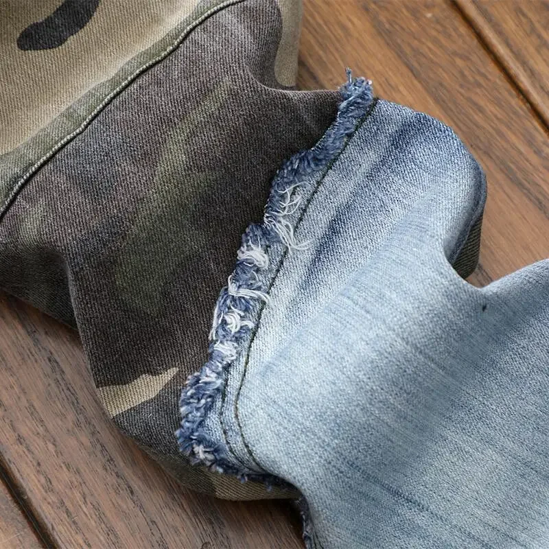 Männer Patchwork Jeans Mode Retro Slim Fit Elastische Bleistift Hosen Männliche Denim Camouflage Cowboy Hosen Lange Hosen