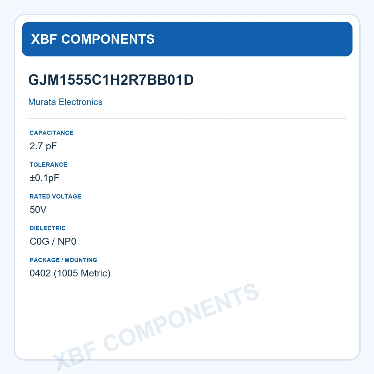 GJM1555C1H2R7BB01D Murata Electronics High Q RF Ceramic Capacitor C0G NP0 2.7 pF ±0.1pF 50V 0402 (1005 Metric)