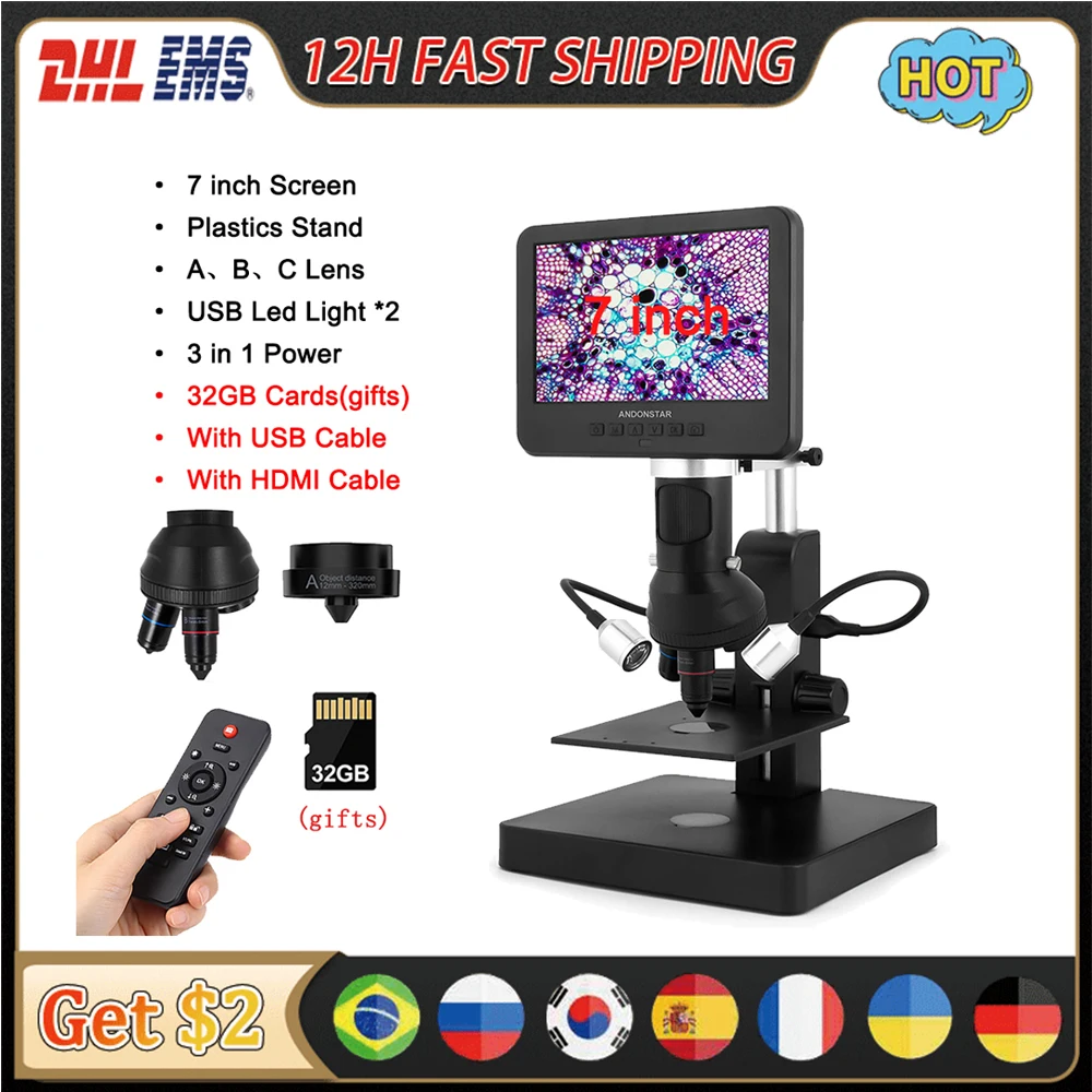 Andonstar AD246SP 2000X UHD 2160P HDMI Digital Microscope with 3 Lens 7 Inch for Biological Microscope Observe PCB Repiaring SMD