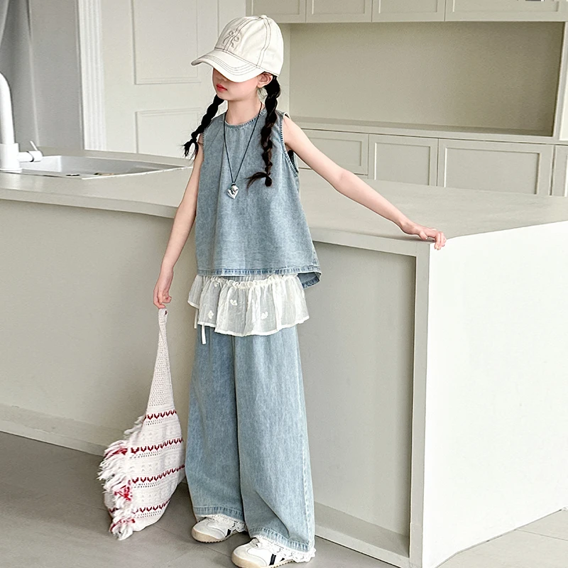 Children Summer Outfits Fashion New Girls Patchwork Wide Leg Pants 2 Pcs Sets Solid Color Teenager Students Demi Casual Suits
