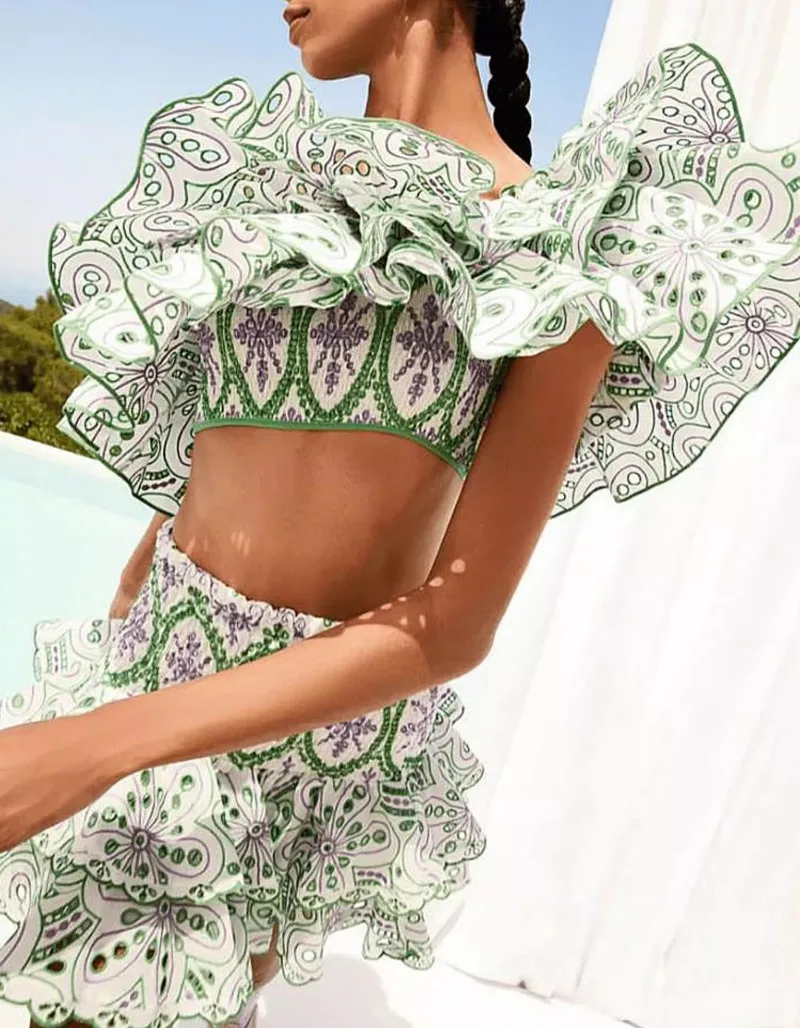 

Boho Green Flora Embroidery Two Piece Sets Women Ruffles Summer Vacation Skirt Sets Ladies Runway Design Party Clothing