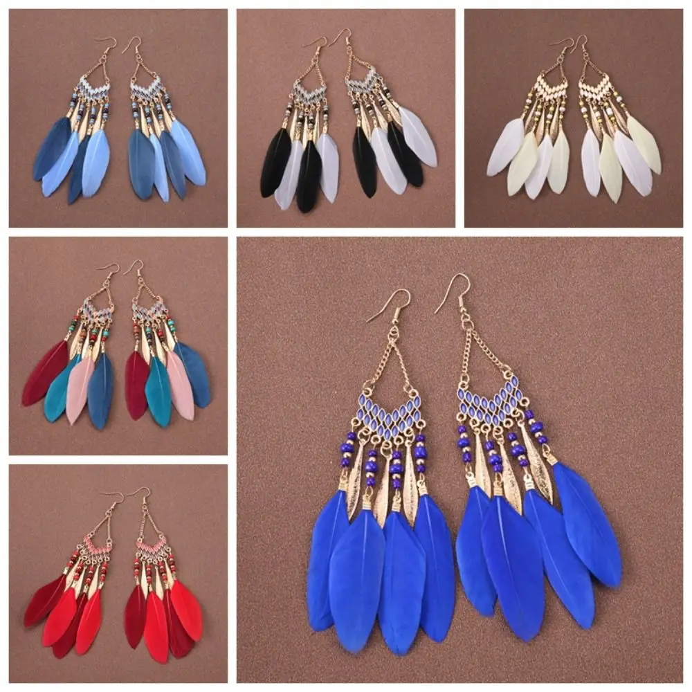 Bohemia Style Bohemian Feather Dangle Earrings Ethnic Style Bright Colors Feather Tassel Earrings Long Tassel Zinc Alloy