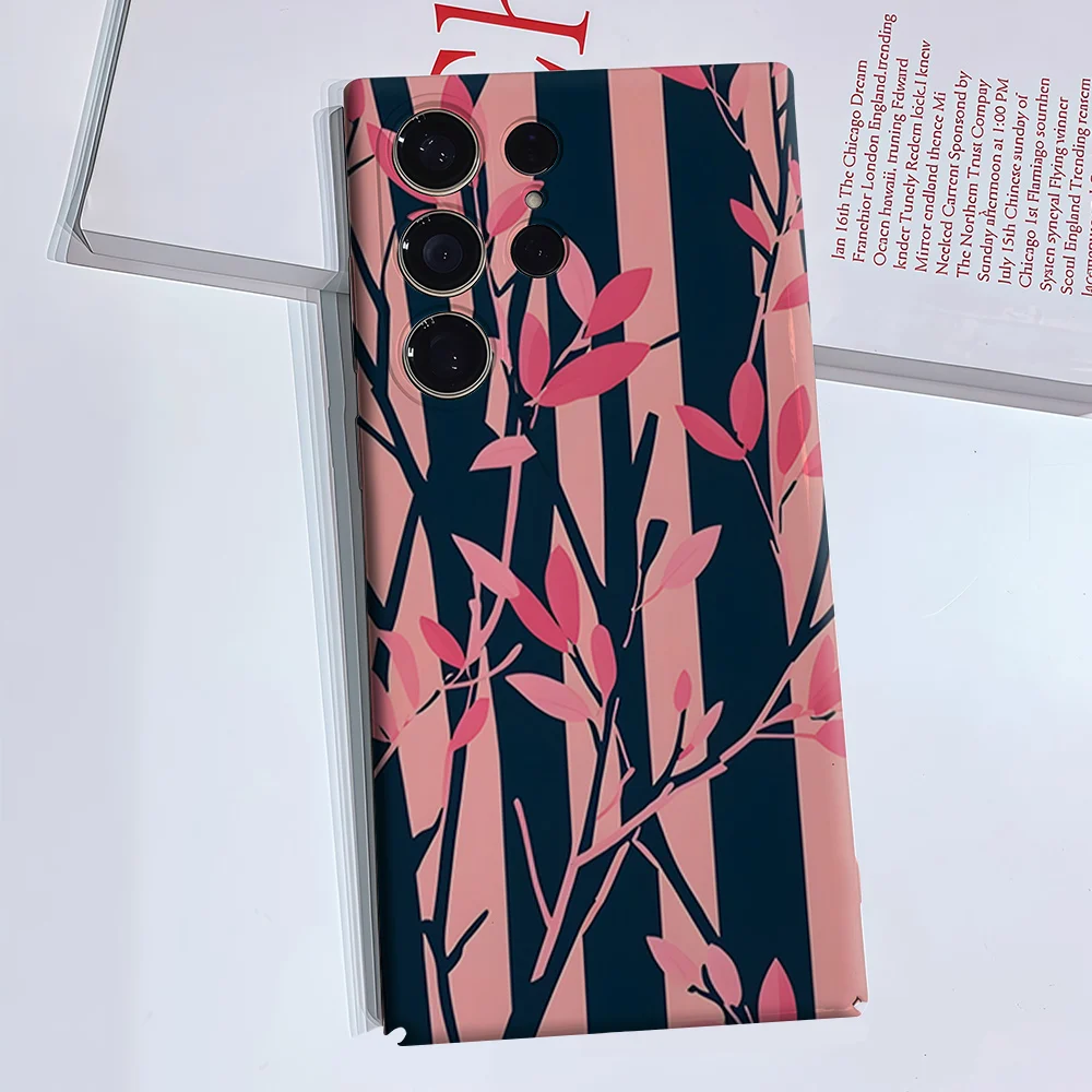 Pink Leaves Stripes Black Luxury Fashion Full Lens Protective Case for Samsung Galaxy S26 S25 S24 A56 A36 Plus Ultra