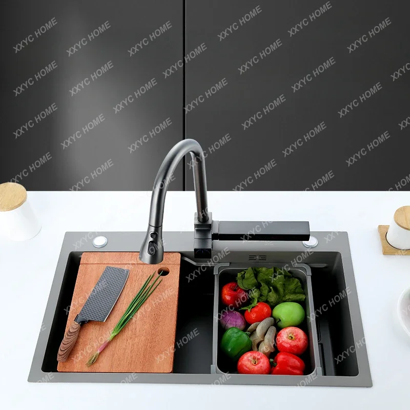 304 Stainless Steel Gun Gray Integrated Large Single Sink Kitchen Vegetable Washing Sink Sink Set Flying Rain Waterfall Faucet