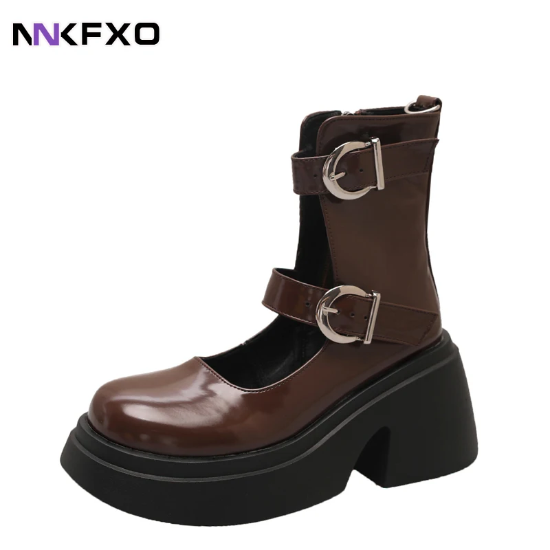 

Women's Fashion Trend Ankel Boots Female Spring Autumn Short Boots Round Toe Square Heel Boots Belt Buckle Accessory Boots QB425