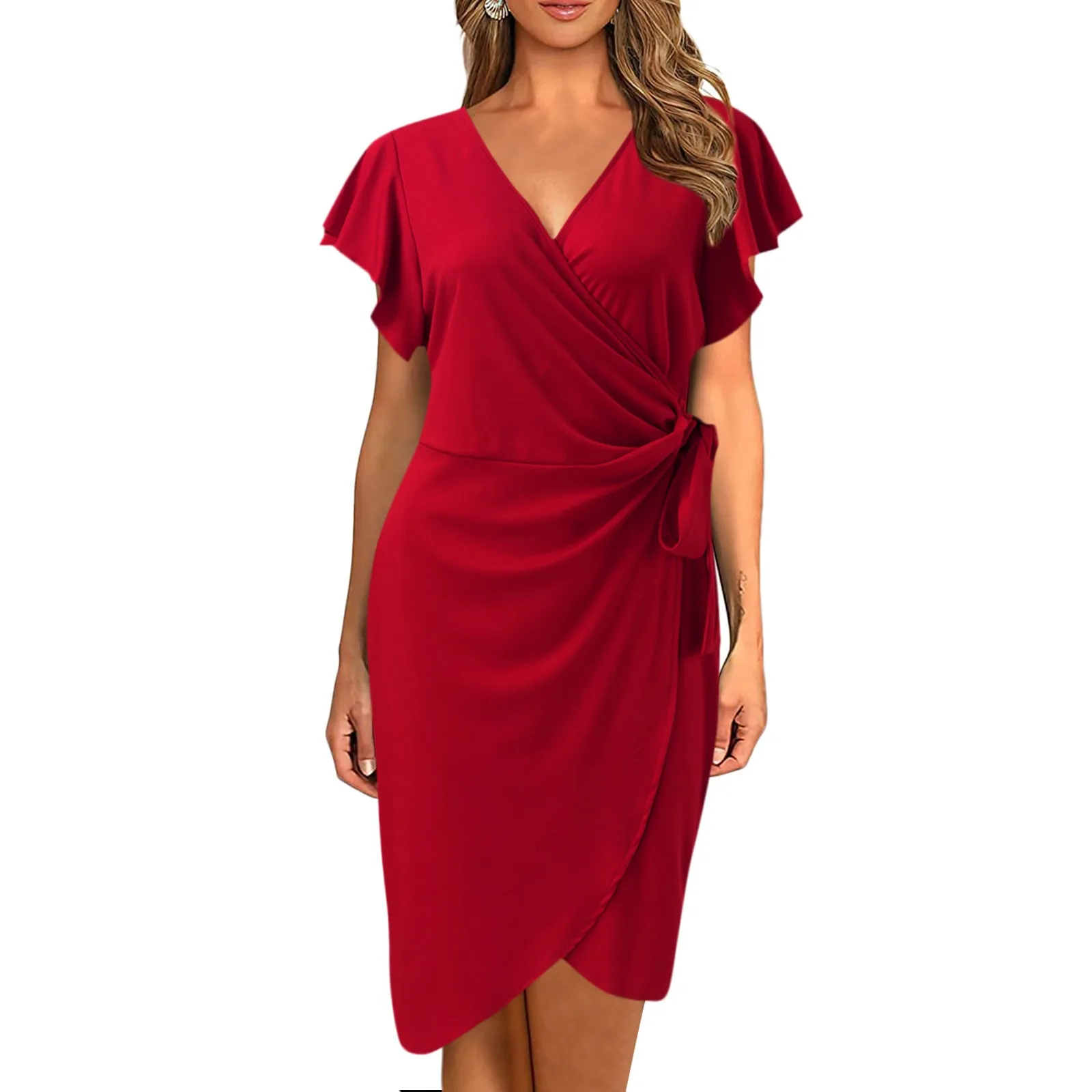 Womens Deep V Neck Ruffle Sleeve Women\'S Dress Casual Work Faux Female Elegant Formal Dresses Cocktail Party Evening Vestidos