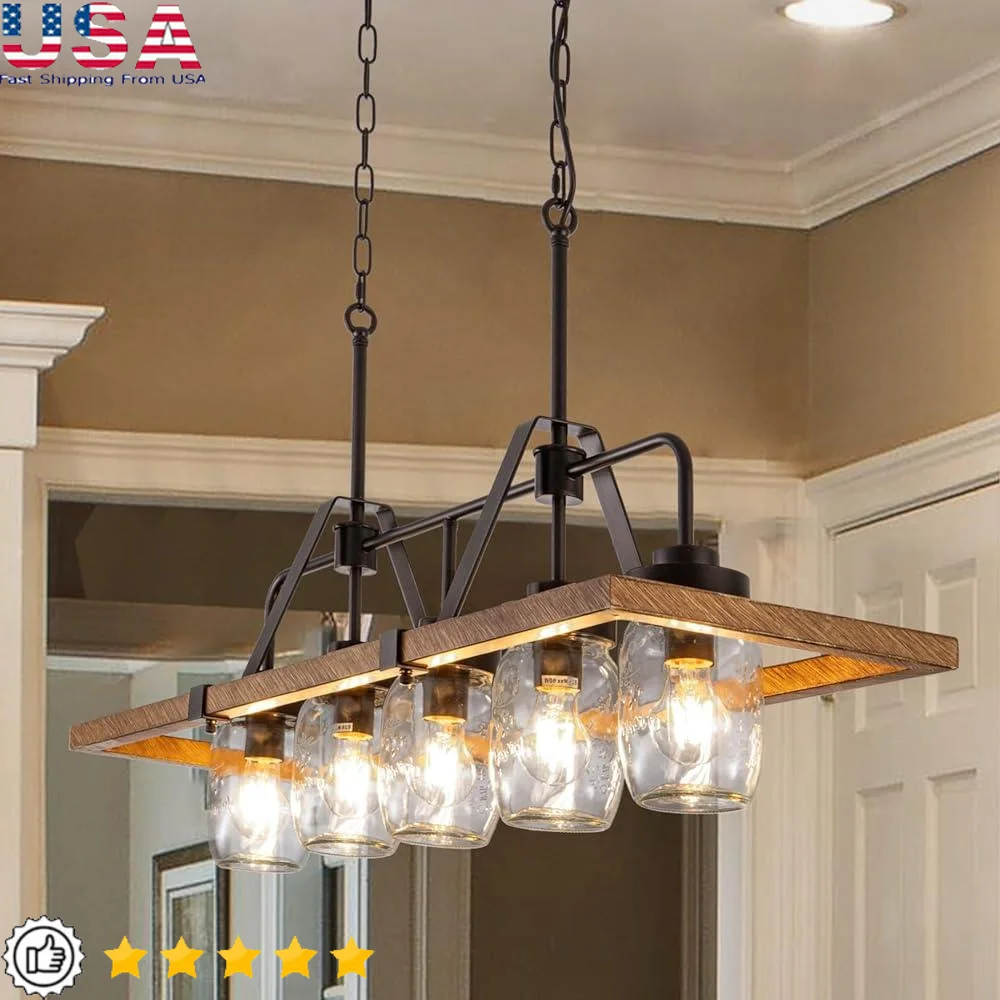 

Mason Jar Pendant Light Rustic Chandelier 5-Light Wooden Frame Industrial Design Dining Kitchen Island Illumination