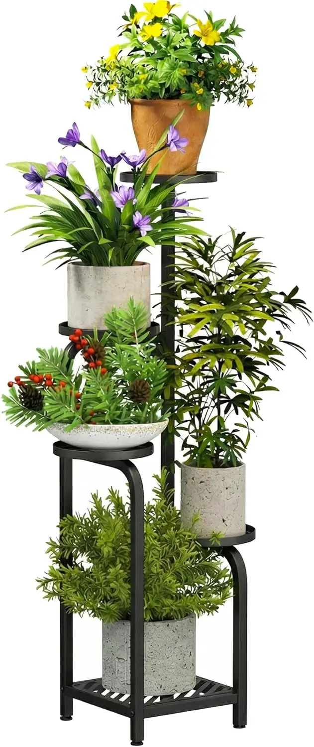 

5-ярусная высокая подставка для растений для дома и улицы, угловая полка для растений и декора, компактная металлическая подставка для цветочных горшков (47 дюймов)