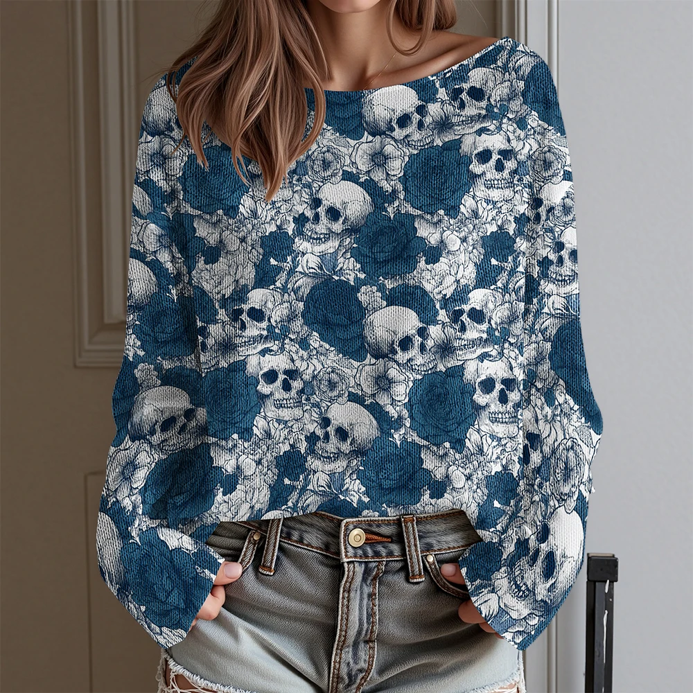 Kolorowa koszulka damska z odkrytymi ramionami i długim rękawem z nadrukiem czaszki i róży, jesienno-zimowa moda streetwear, seksowna bluza punkowa na Halloween.