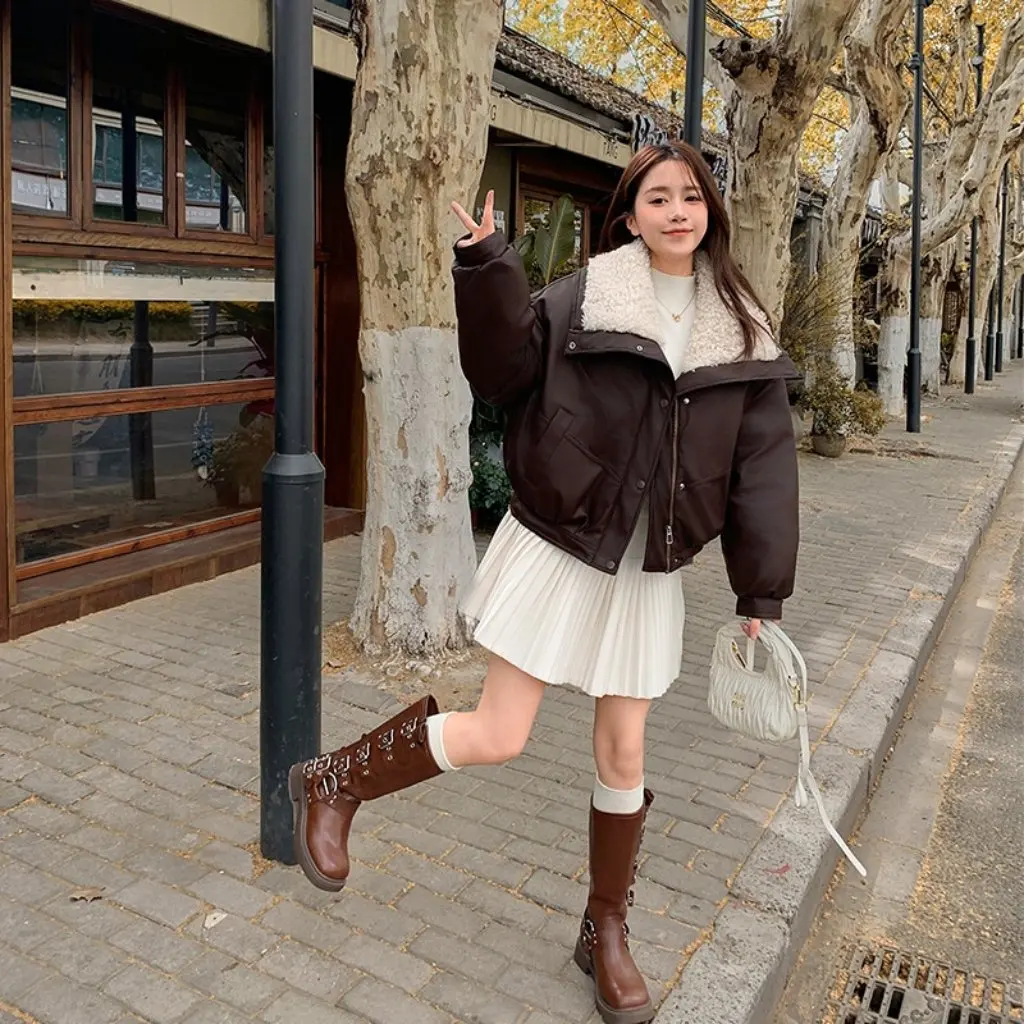 

Women's Fashionable Protein Leather Cotton Coat Large Lapel Warm Stylish Short Jacket Lamb Wool Splicing for Winter