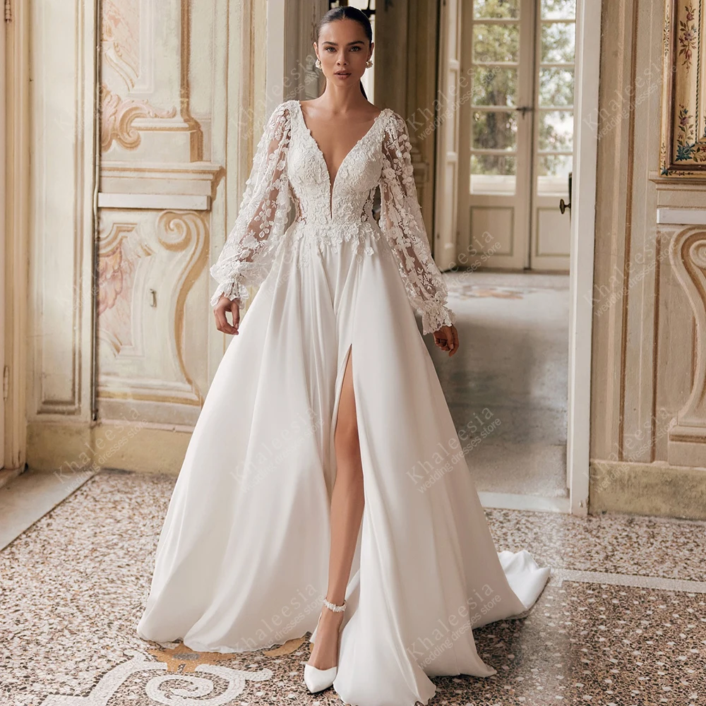 Glamoureuze Trouwjurken Vintage Bruidsjurken Kant Applicaties Volledige Mouwen Een Lijn Diepe V-hals Vestidos De Novia Aangepaste 2025