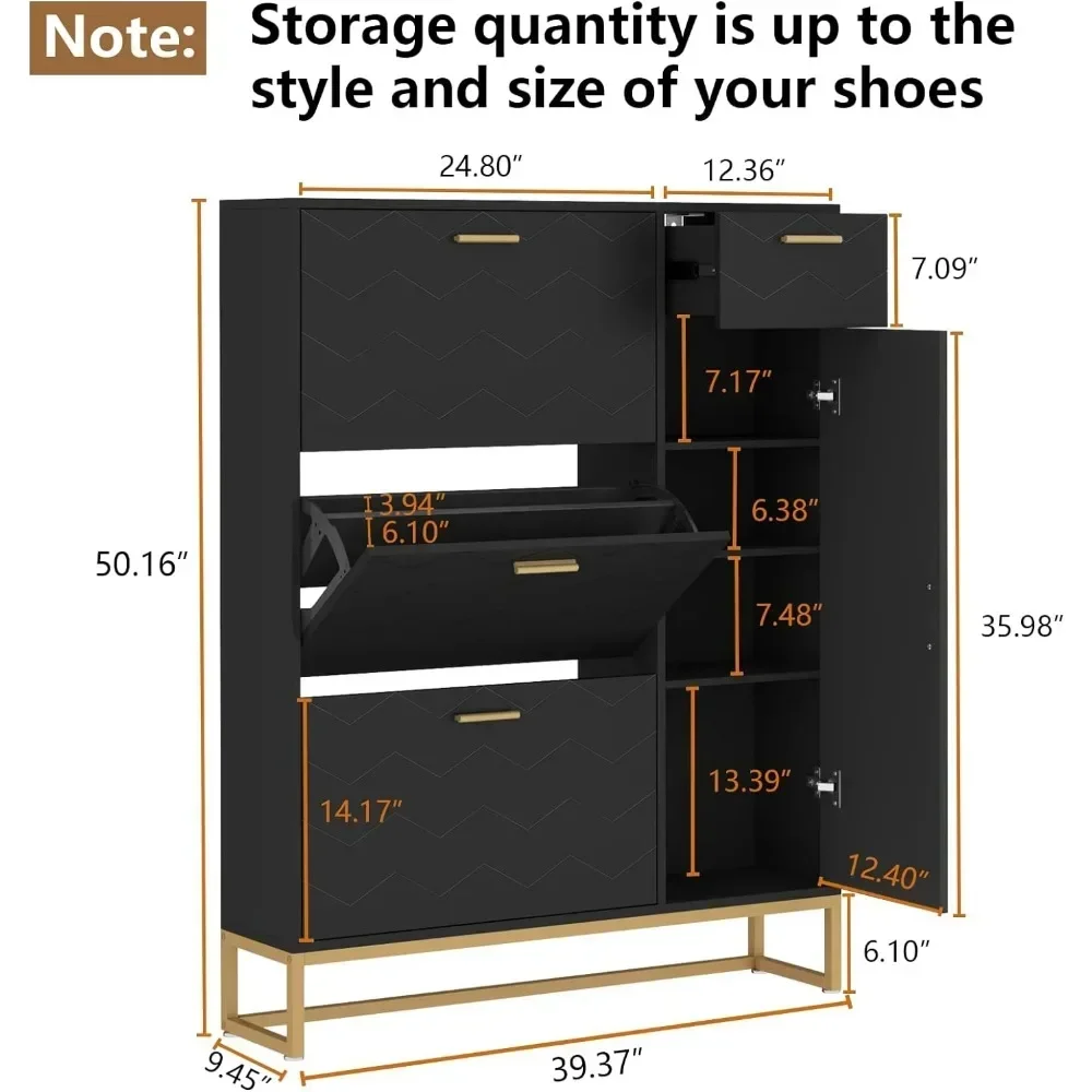 3 Flip Shoe Storage Cabinet with  Drawers and Adjustable Side Cabinet, Narrow Shoes Storage,Free Standing Shoe Organizer