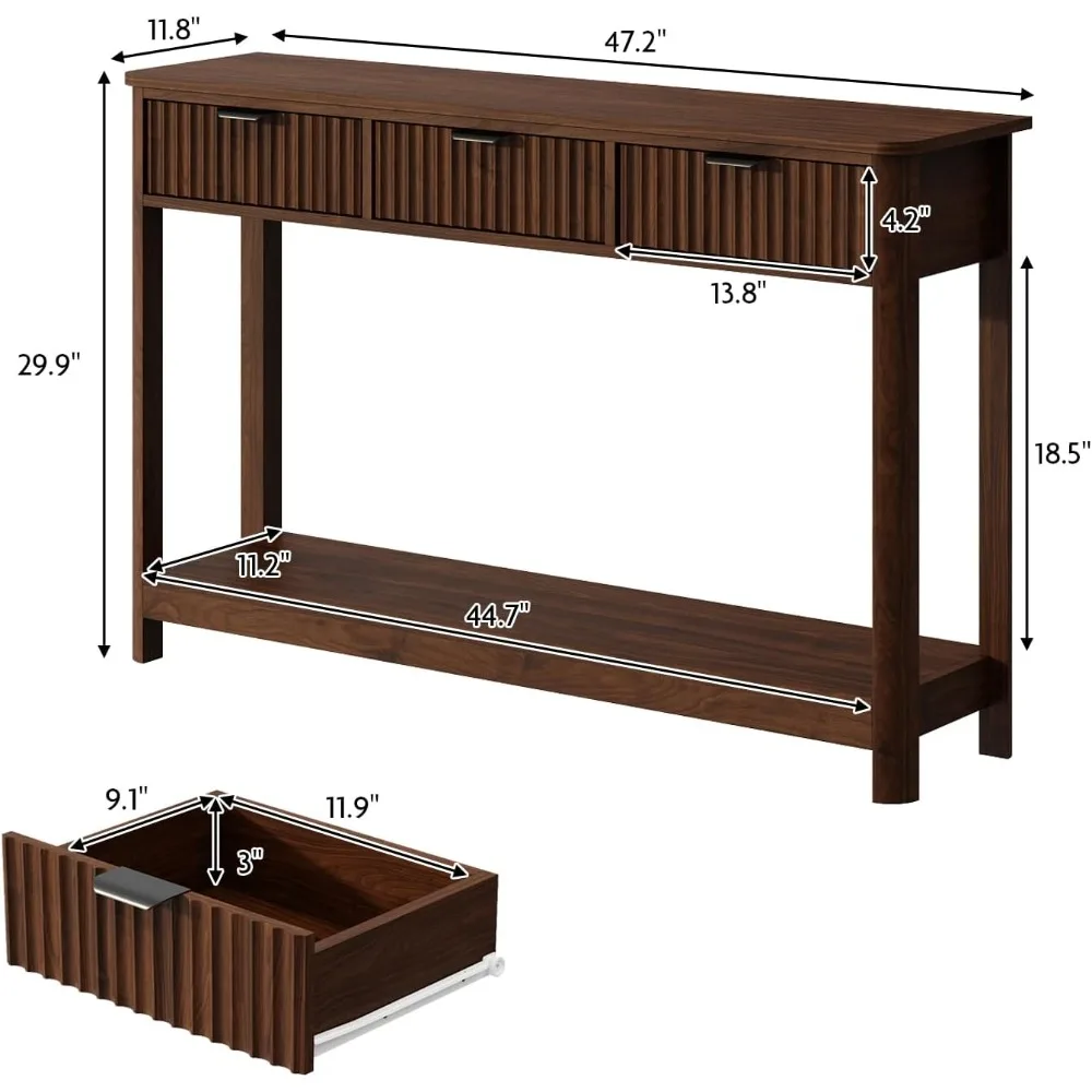 Fluted Console Table with Drawers, Modern 47.1 Entryway Table with Storage Shelf,  Narrow Skinny Behind Couch Wood Sofa Tabl