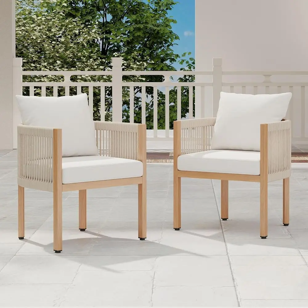 

Outdoor Dining Chairs Set o 2, Wicker Patio urniture Set with Armrests, Cushioned Backrest Patio Arm Chairs, Metal Barrel Dining