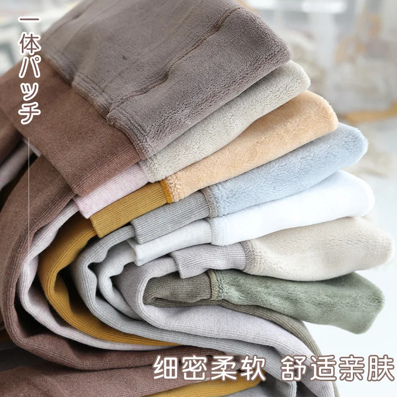 

Autumn Winter Japanese Cotton Vertical Stripes Fleece-Lined Thick Leggings Women's Oatmeal Color White Camel Thermal Pantyhose F