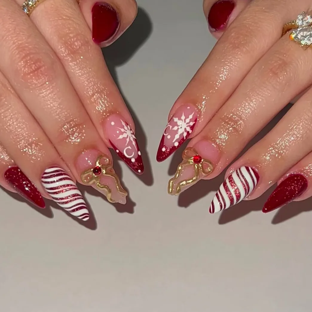 

24PCS Shiny Red Almond Press on Nail Christmas Bow Spiral Pattern French Fake Nails Winter Snow Stripes Manicure False Nails Art