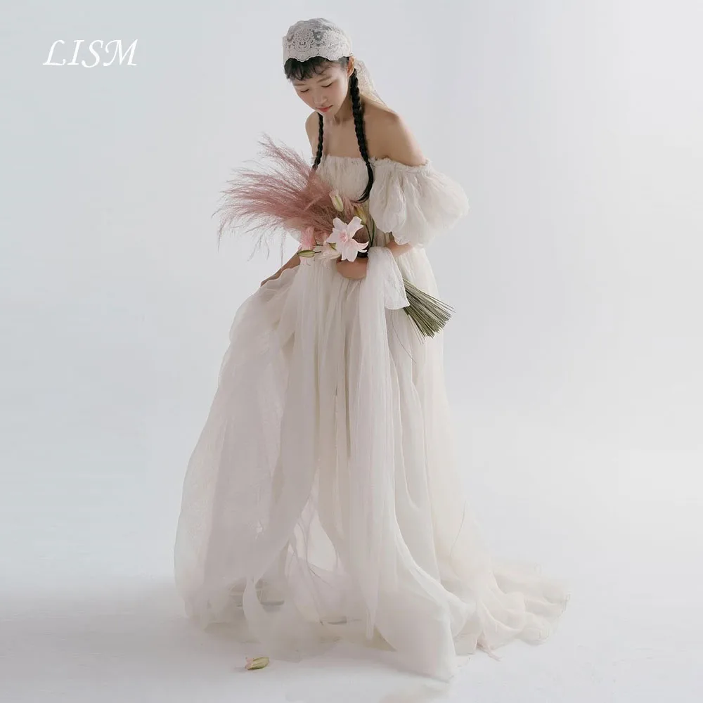 

LISM One Line Collar Korea Wedding Dresses Silk Organza Customized Photo Shoot Elegant Long Fairy Bridal Gowns 웨딩드레스