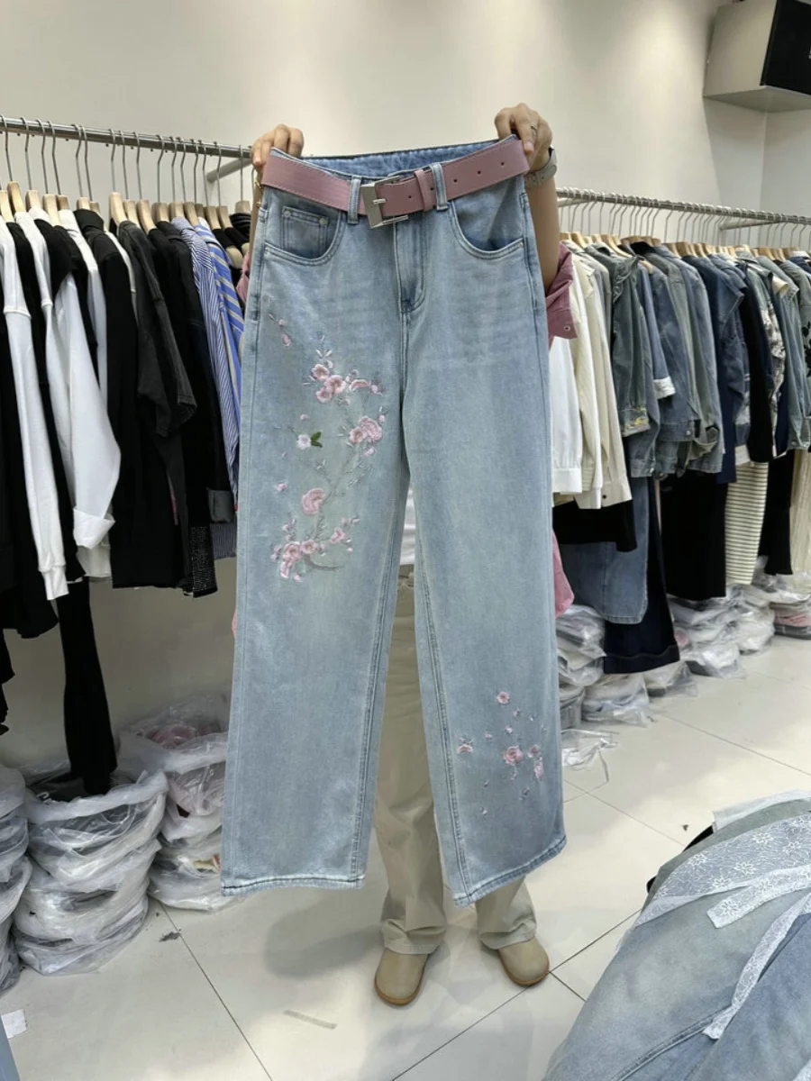 

Модные джинсы прямого кроя с цветочной вышивкой, с высокой талией, на молнии, весенние, женские, премиум-качество, из денима