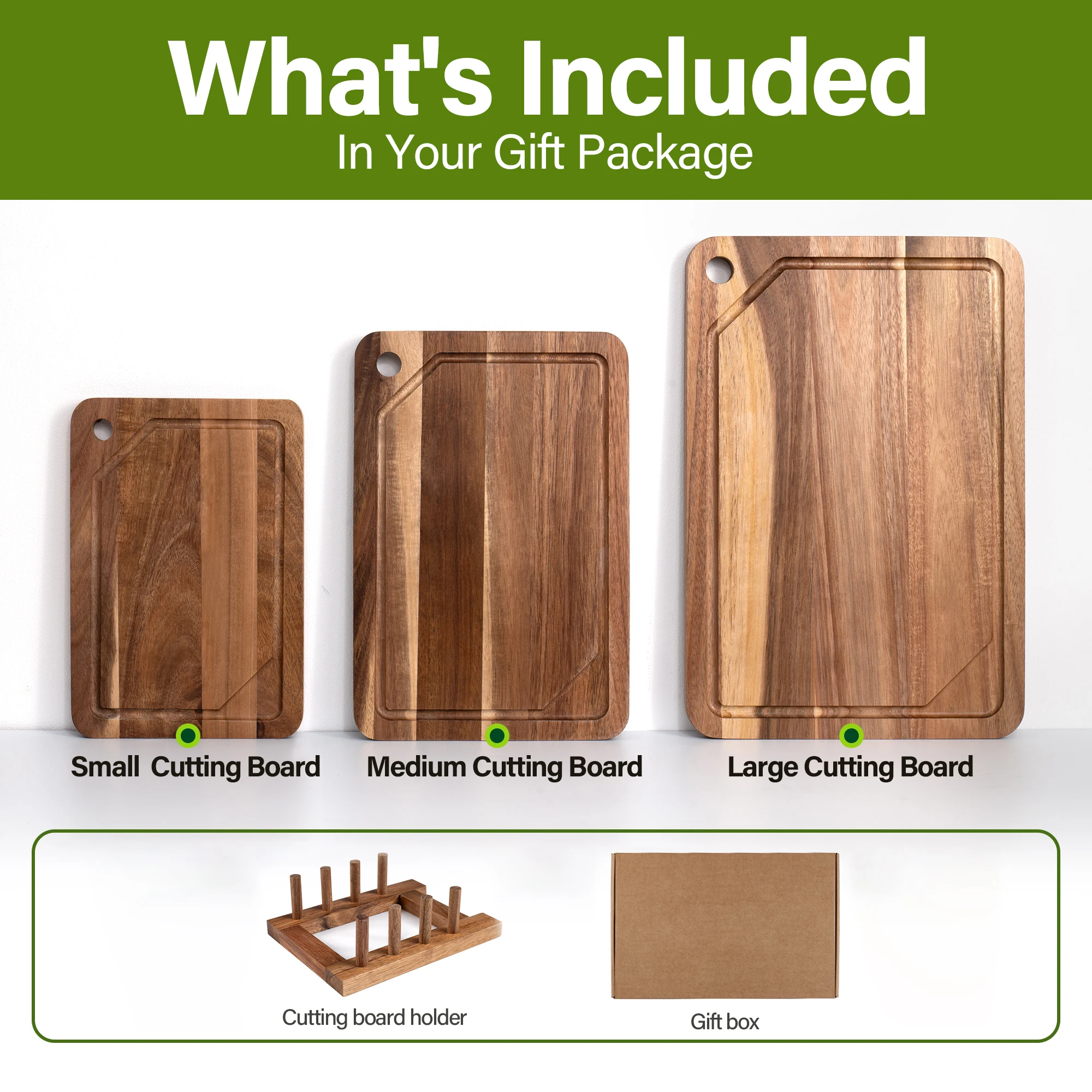 3 Pcs Set of Hanging Hole Acacia Wood Cutting Boards for Slicing Fruits Vegetables Sorting Trays with Juice Grooves And Racks