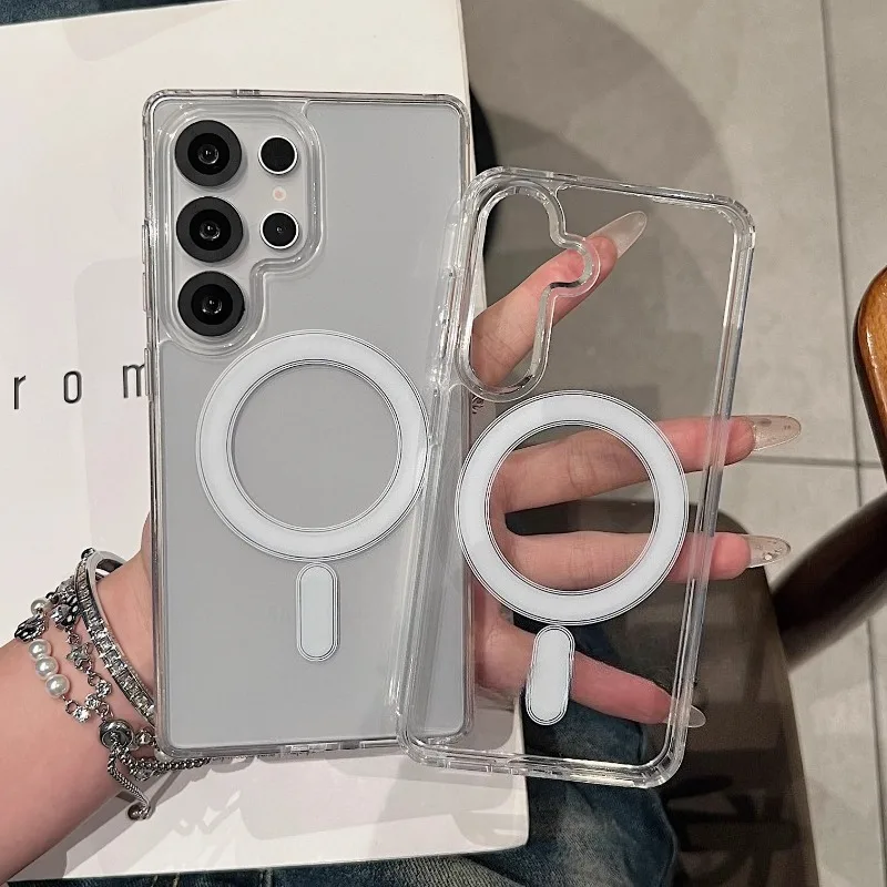 Luxury Transparent Wireless Charging Phone Case for Samsung Galaxy S26 S25 S24 Ultra Plus S26Ultra Cases Magnetic Clear Cover